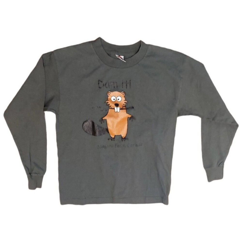 Niagara Falls Long Sleeve Tee Cartoon Beaver "Dam It" Olive green Youth XL